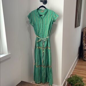 Oliphant green and gold 100% cotton button down maxi dress with pockets & sash